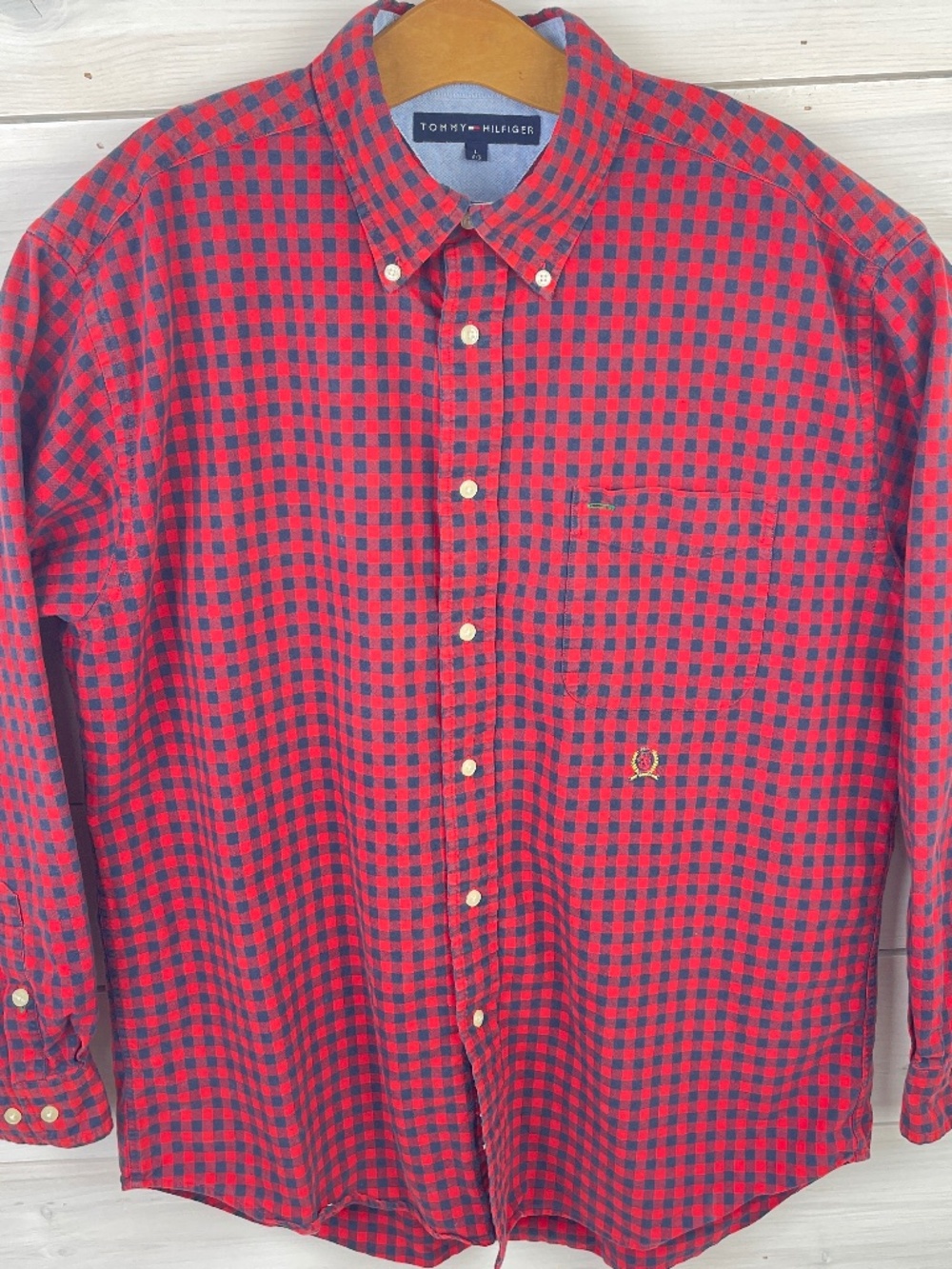 VTG Tommy Hilfiger Red Blue Check Long Sleeve Button-down Mens Shirt Size Large